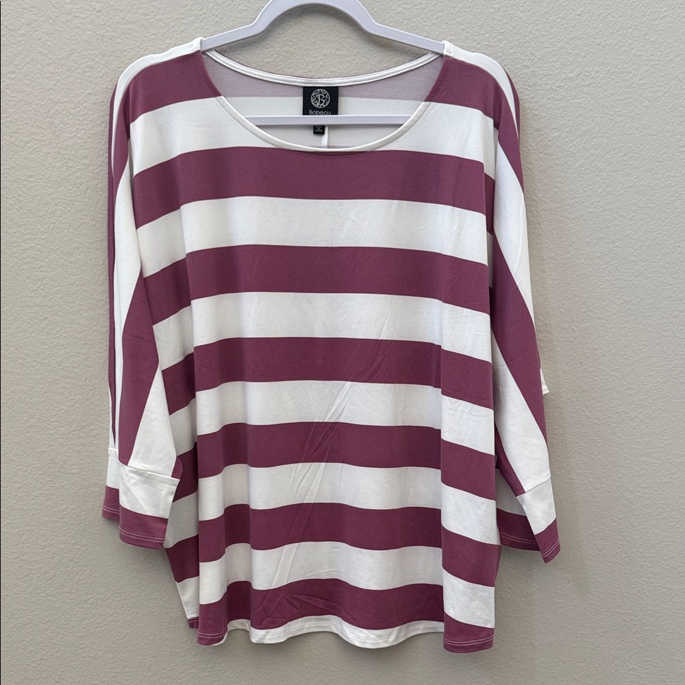 Bobeau Maroon and White Striped Short Sleeve Top